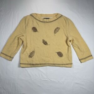 Vintage ST JOHN Crop Top Pullover 3/4 Sleeve Sweater Yellow W/ Leaves Size‎ P